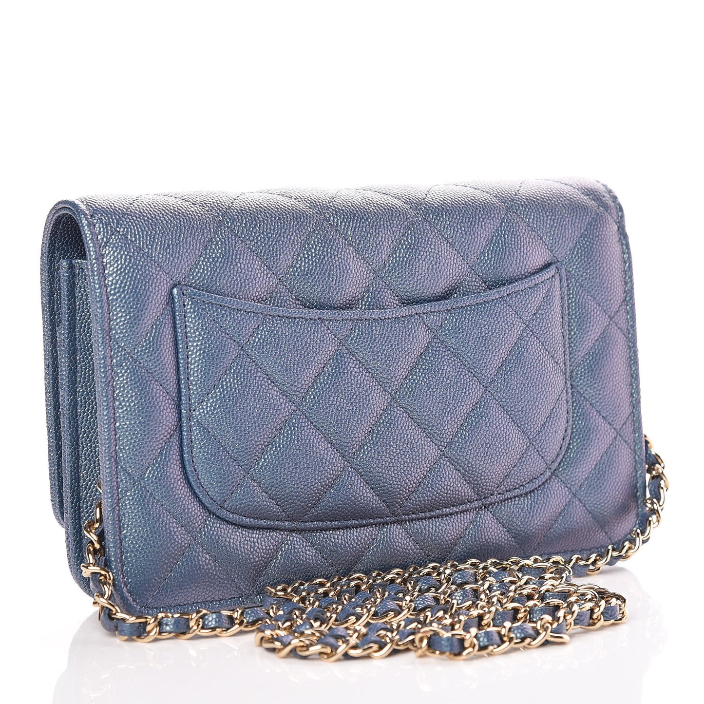 Iridescent Caviar Quilted Wallet On Chain WOC Dark Blue