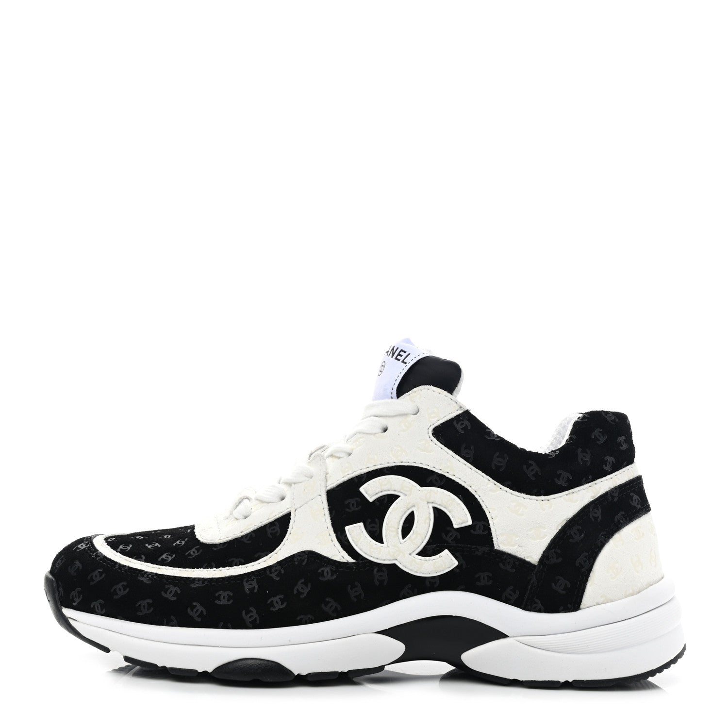 Chanel Suede Calfskin Printed CC Sneakers 38.5 Black White 1 of 10