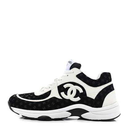 Chanel Suede Calfskin Printed CC Sneakers 38.5 Black White 1 of 10