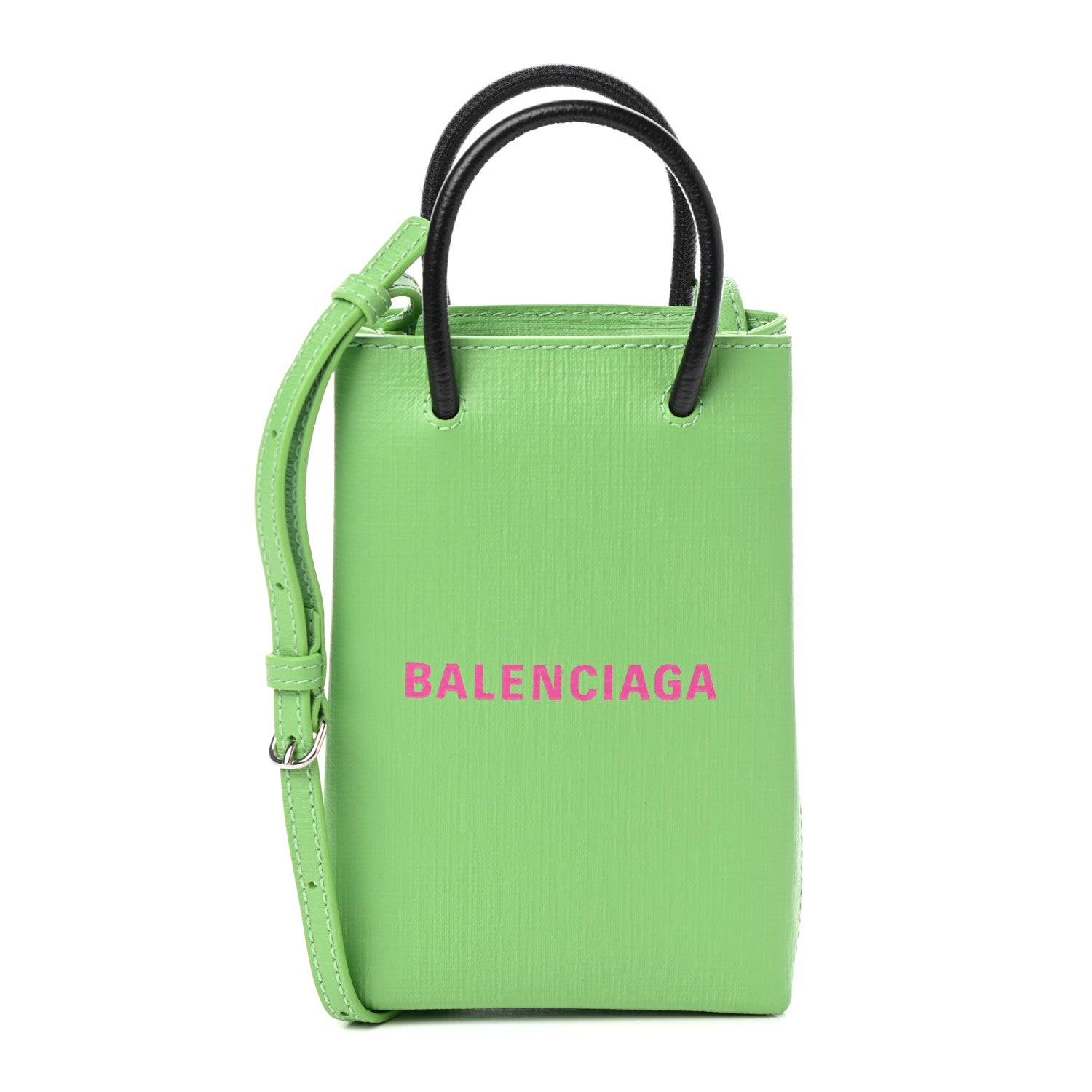 Balenciaga Squared Calfskin Logo Shopping Phone Holder Bag Light Green Fuchsia 1 of 9