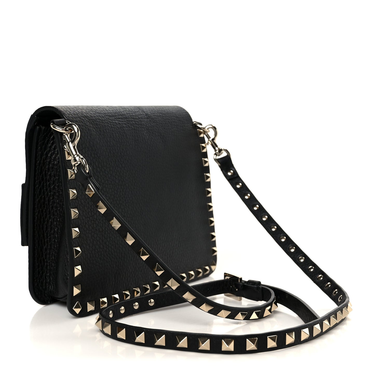 Grainy Calfskin Rockstud Flap Crossbody Bag Black
