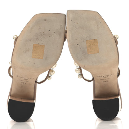 Jimmy Choo Calfskin Pearl Embellished Amara 85 Mule Sandals 38.5 Beige 6 of 8