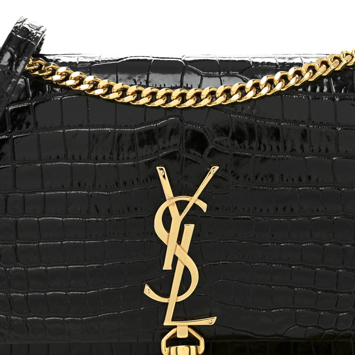 Calfskin Crocodile Embossed Small Classic Monogram Kate Tassel Satchel Black