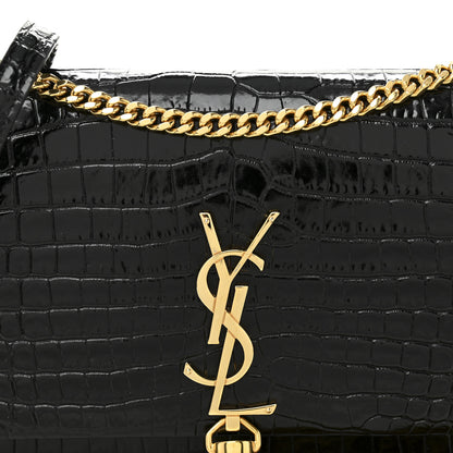 Saint Laurent Calfskin Crocodile Embossed Small Classic Monogram Kate Tassel Satchel Black 7 of 9