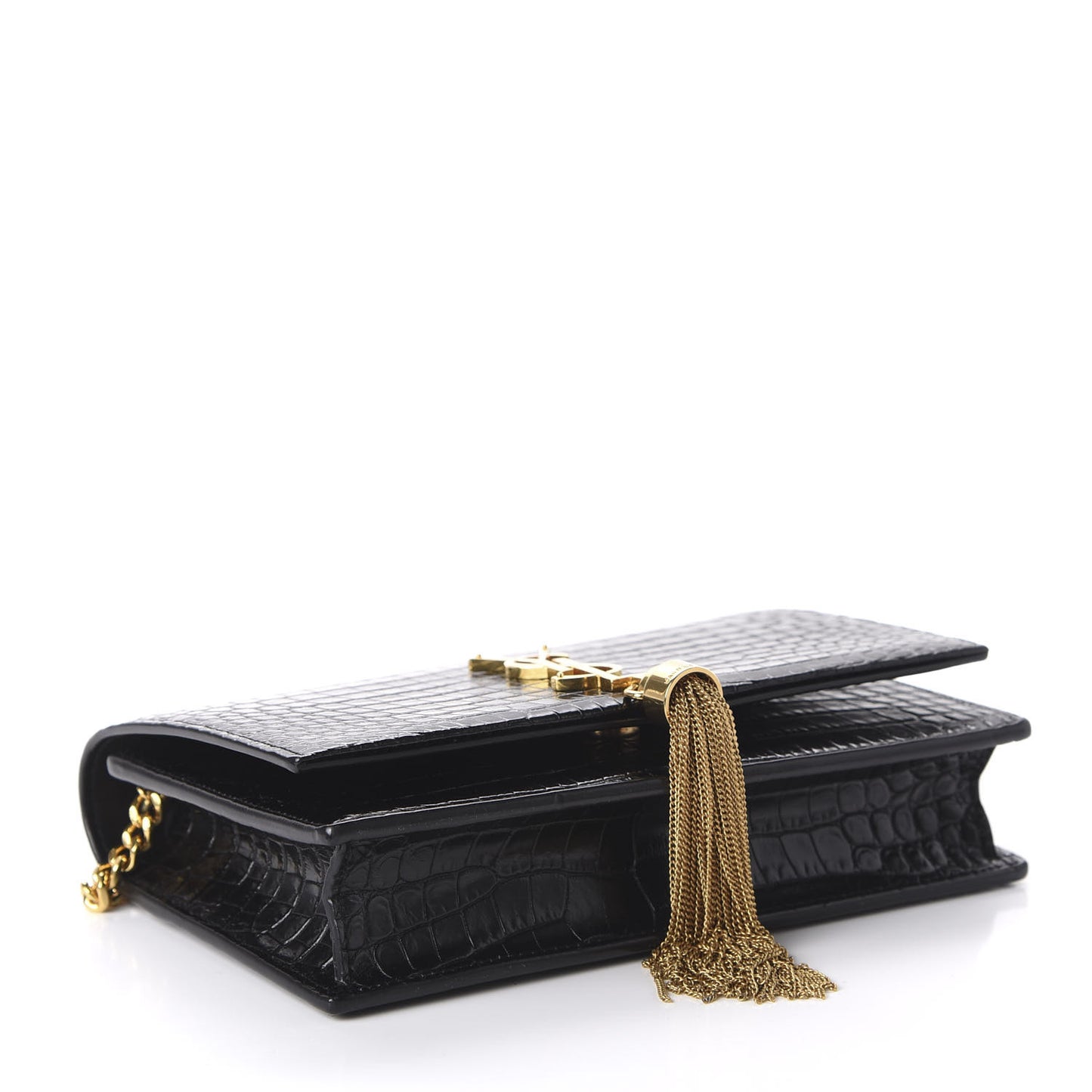 Calfskin Crocodile Embossed Kate Monogram Tassel Chain Wallet Black