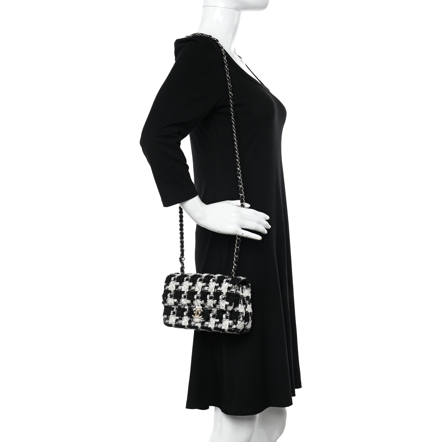 Chanel Tweed Quilted Mini Rectangular Flap Black Ecru White 3 of 11