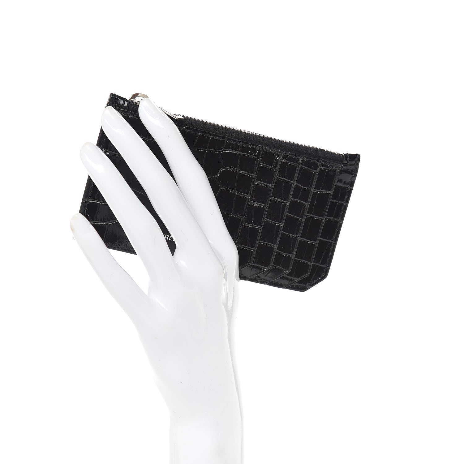 Saint Laurent Calfskin Crocodile Embossed 5 Fragments Zip Pouch Card Holder Black 2 of 7