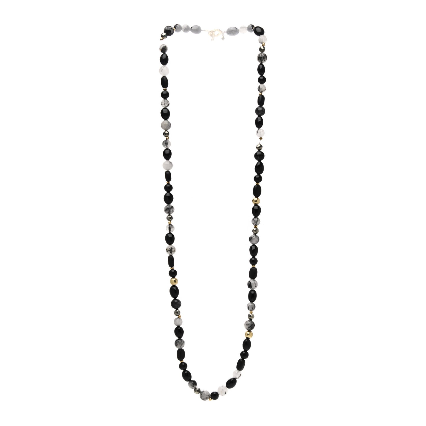 18K Yellow Gold Quartz Black Onyx Pyrite Signature Bead Toggle Necklace