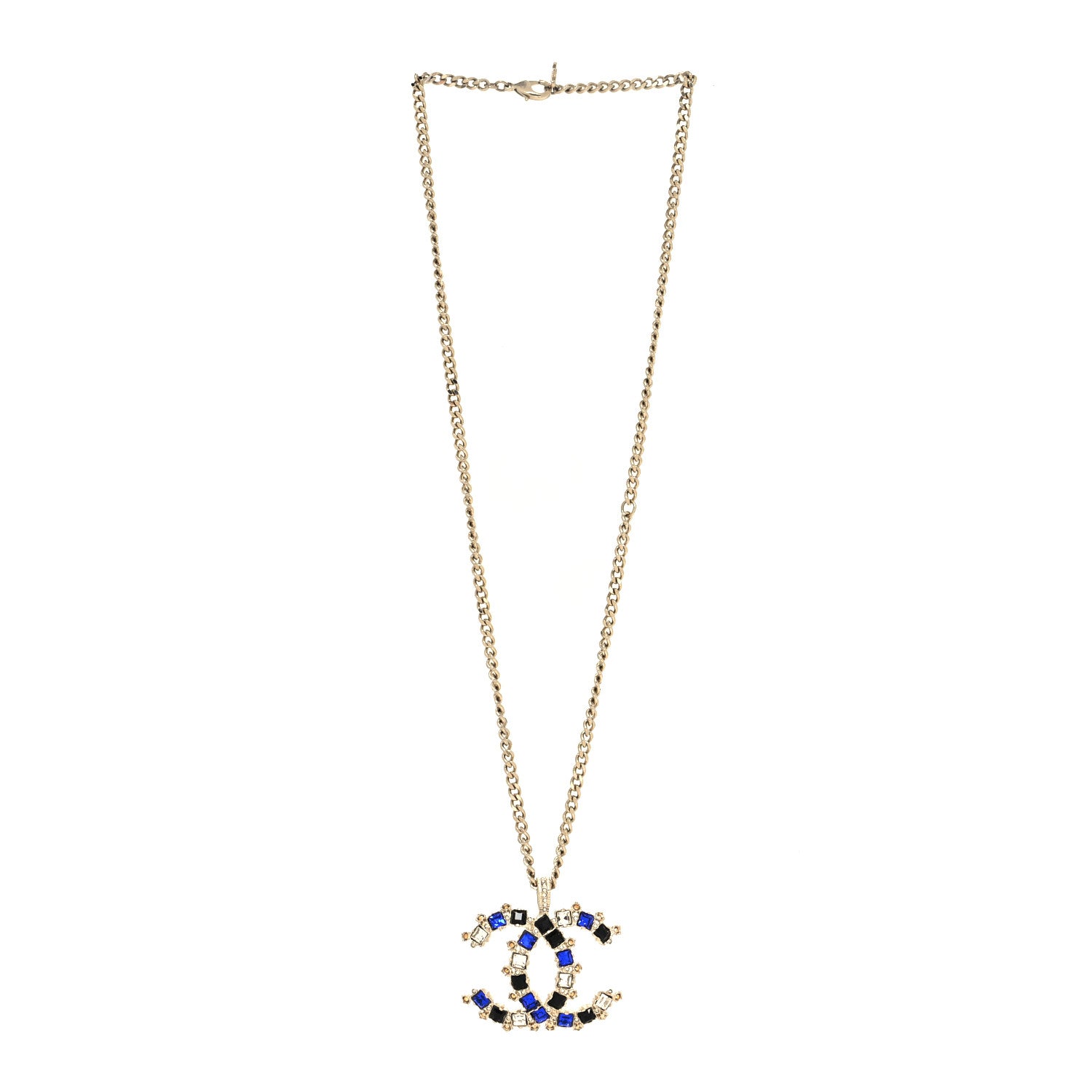 Chanel Crystal CC Pendant Necklace Gold Blue 3 of 5