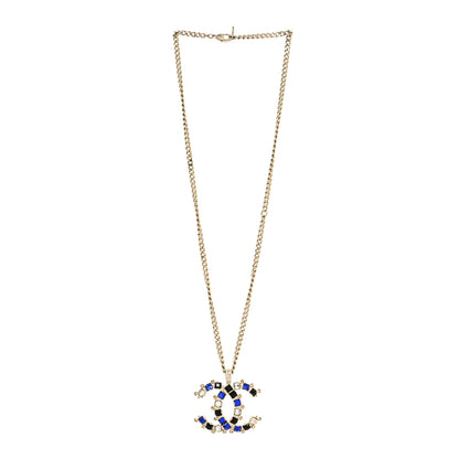 Chanel Crystal CC Pendant Necklace Gold Blue 3 of 5
