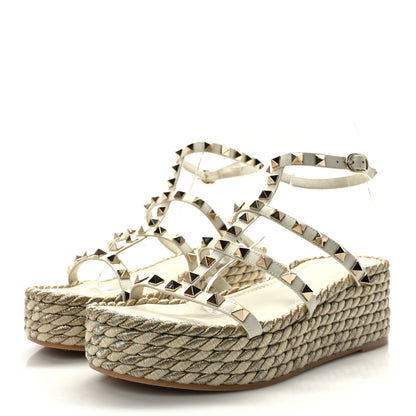 Valentino Garavani Calfskin Rockstud Ankle Strap Torchon Espadrille Caged 30/55mm Sandals 37 Light Ivory 3 of 7