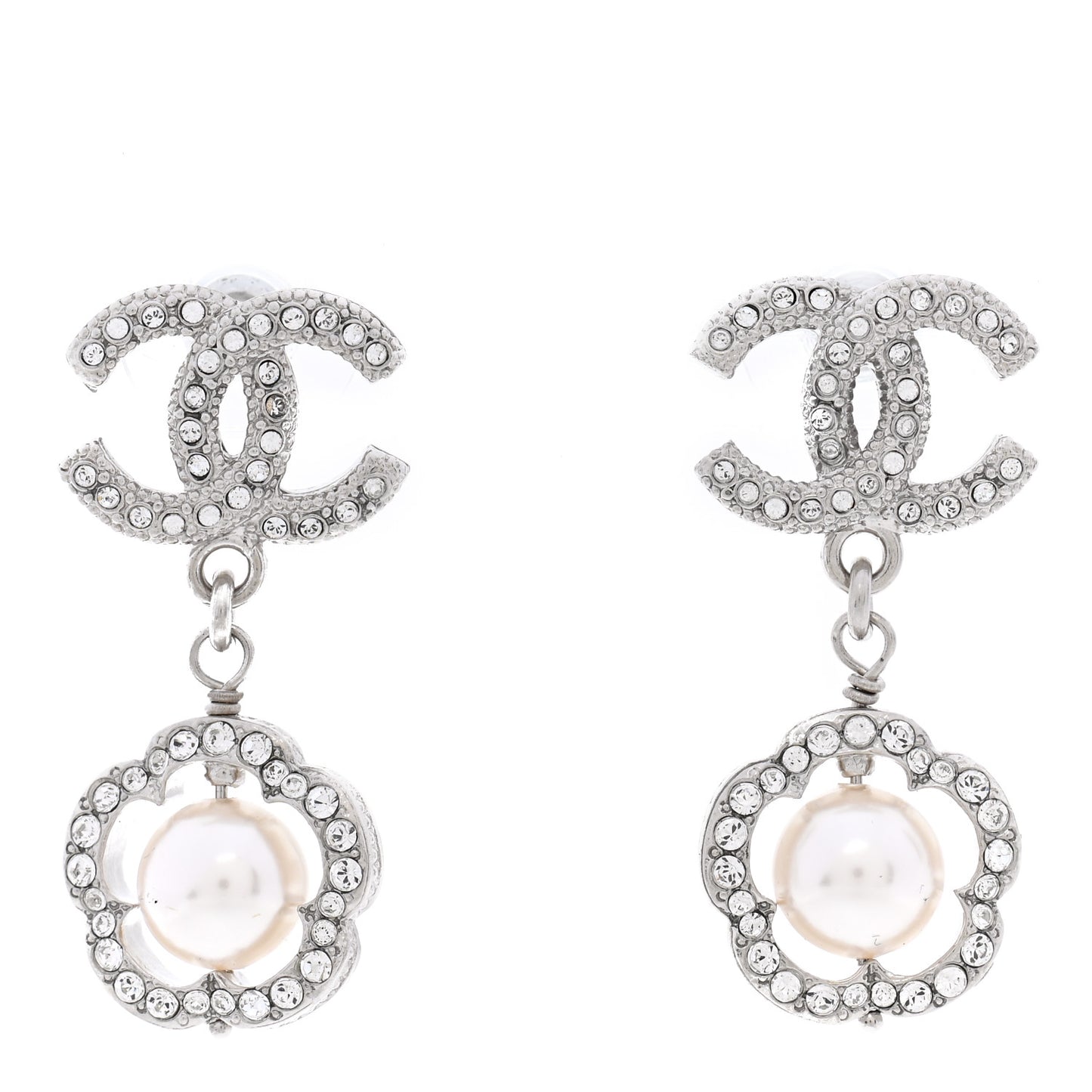 Crystal Pearl Camellia CC Coco Flapper Drop Earrings Silver