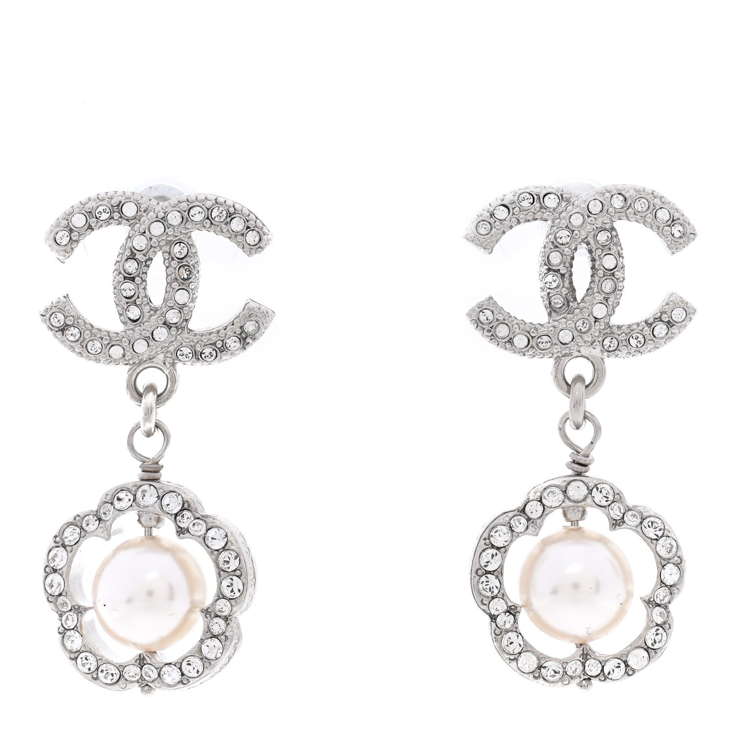 Chanel Crystal Pearl Camellia CC Coco Flapper Drop Earrings Silver 1 of 5