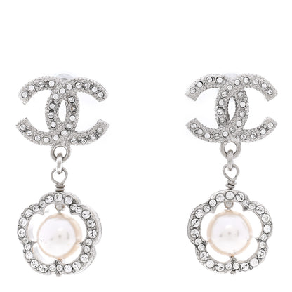 Chanel Crystal Pearl Camellia CC Coco Flapper Drop Earrings Silver 1 of 5