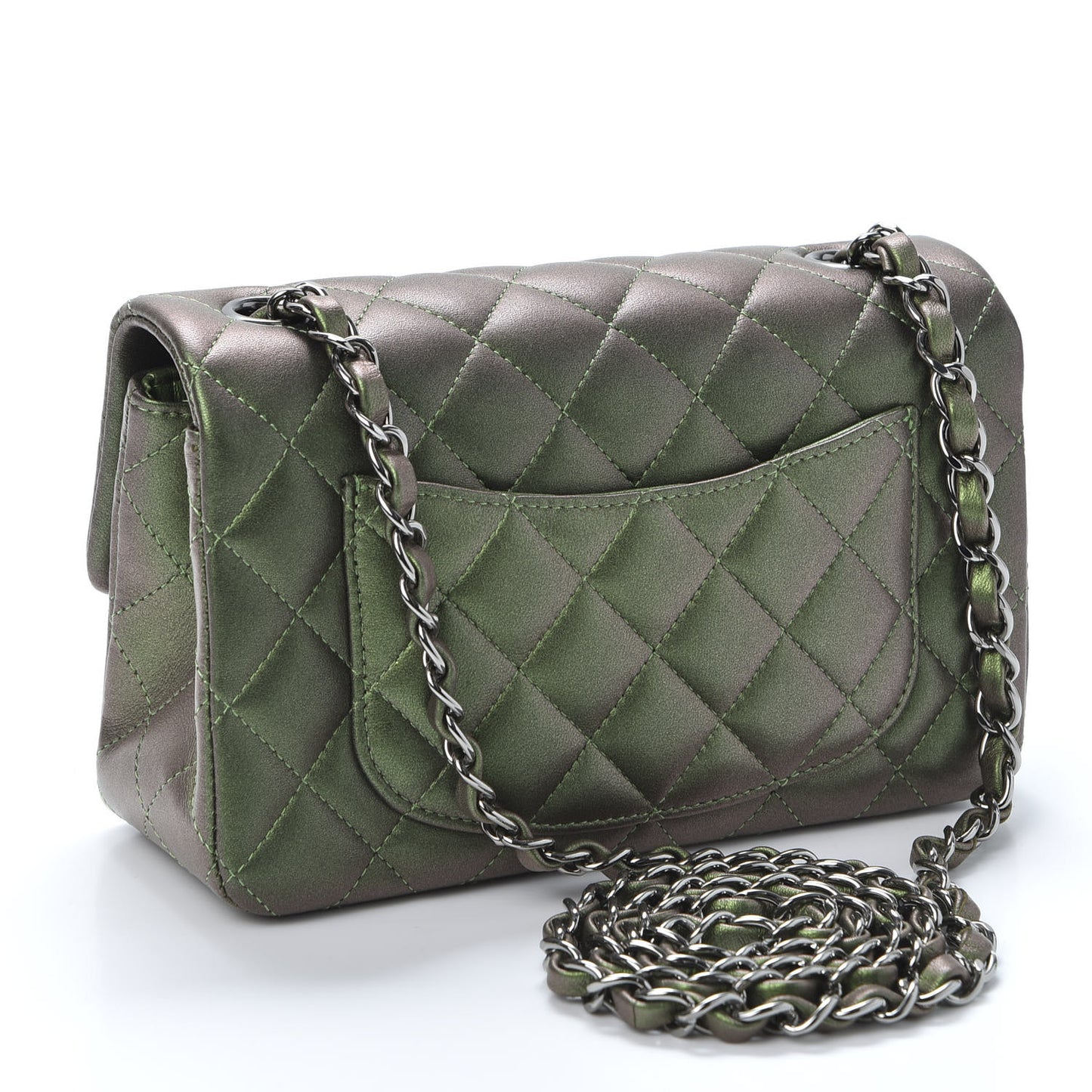 Iridescent Lambskin Quilted Mini Rectangular Flap Green
