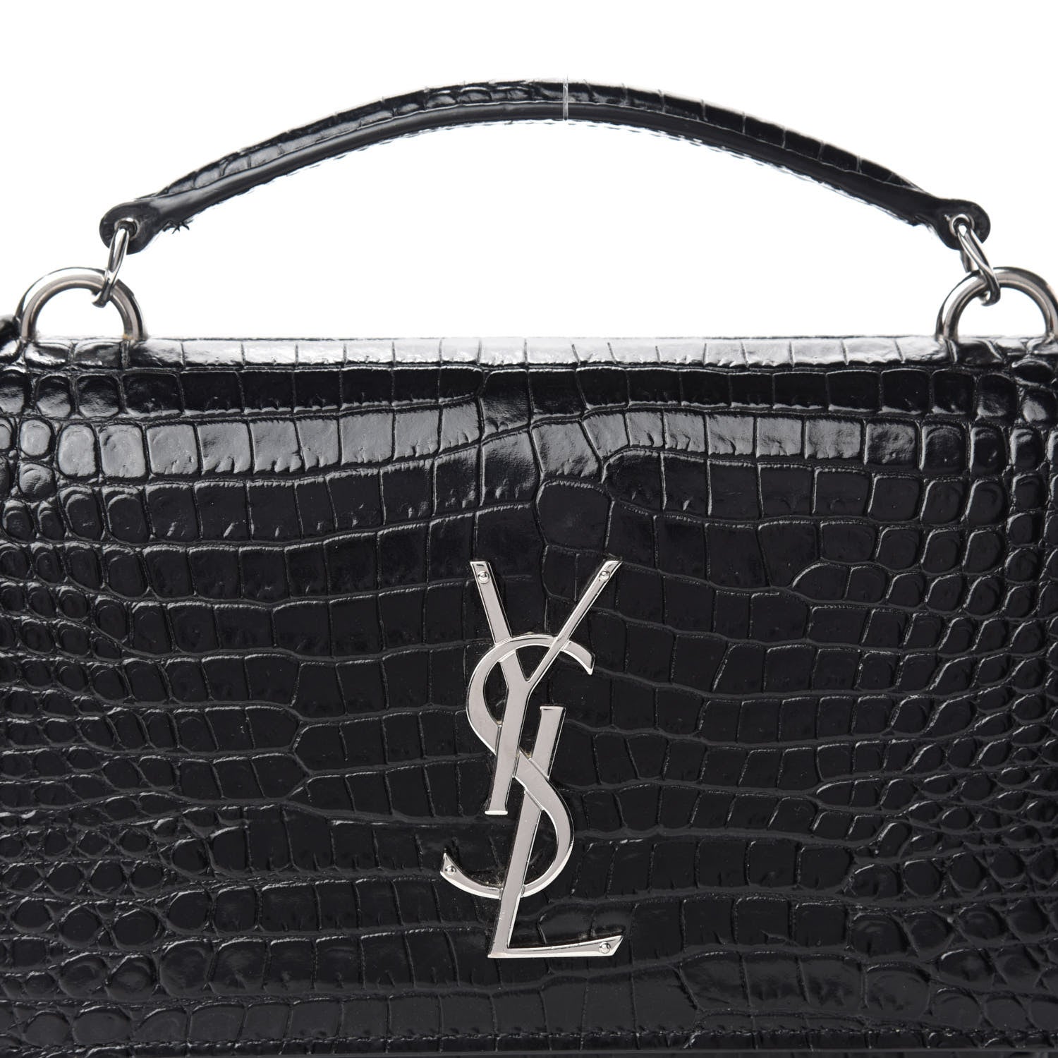 Saint Laurent Calfskin Crocodile Embossed Monogram Sunset Top Handle Chain Wallet Black 12 of 12