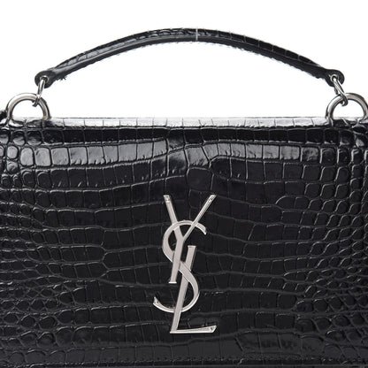 Saint Laurent Calfskin Crocodile Embossed Monogram Sunset Top Handle Chain Wallet Black 12 of 12