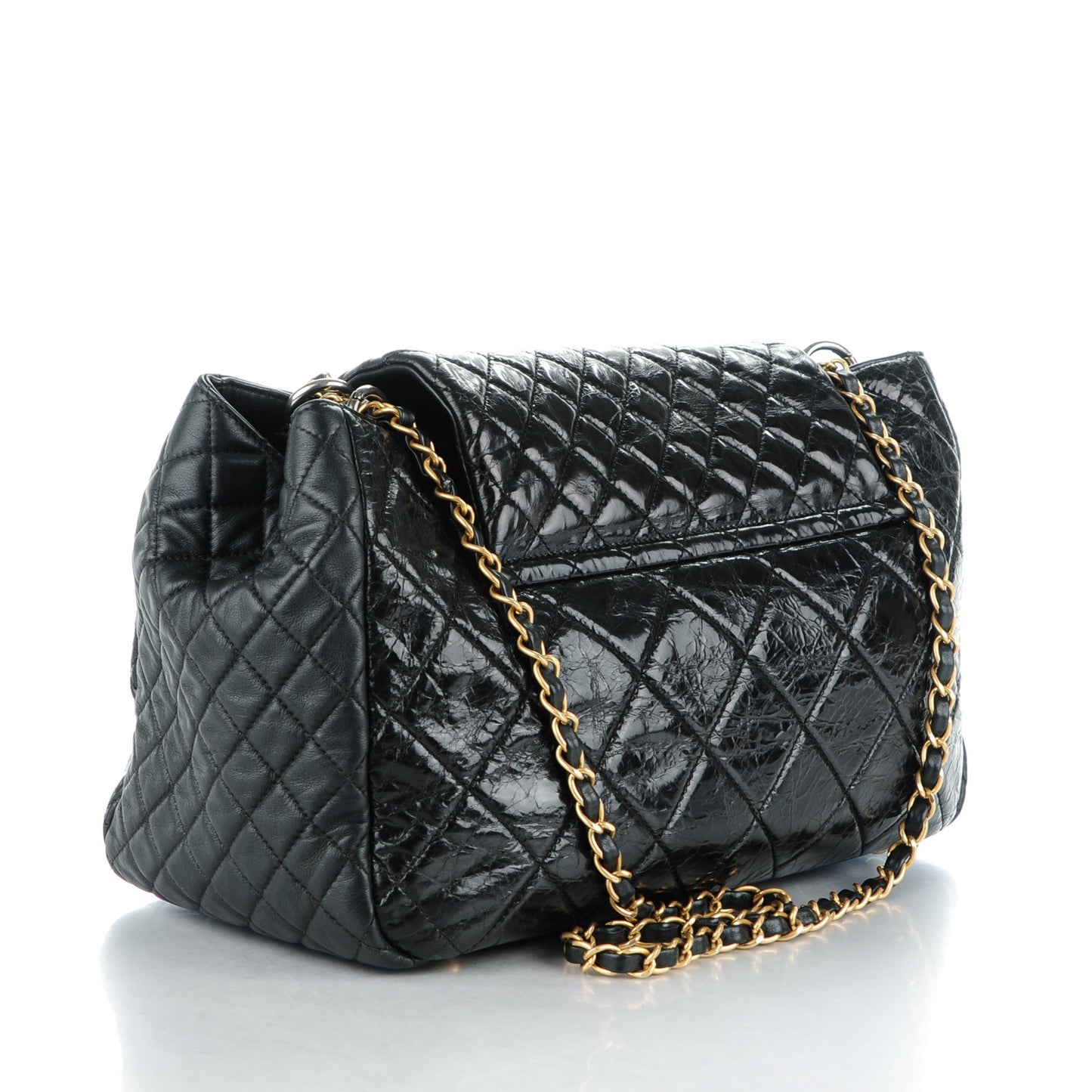 Glazed Calfskin Quilted Large Mademoiselle East West Flap Black