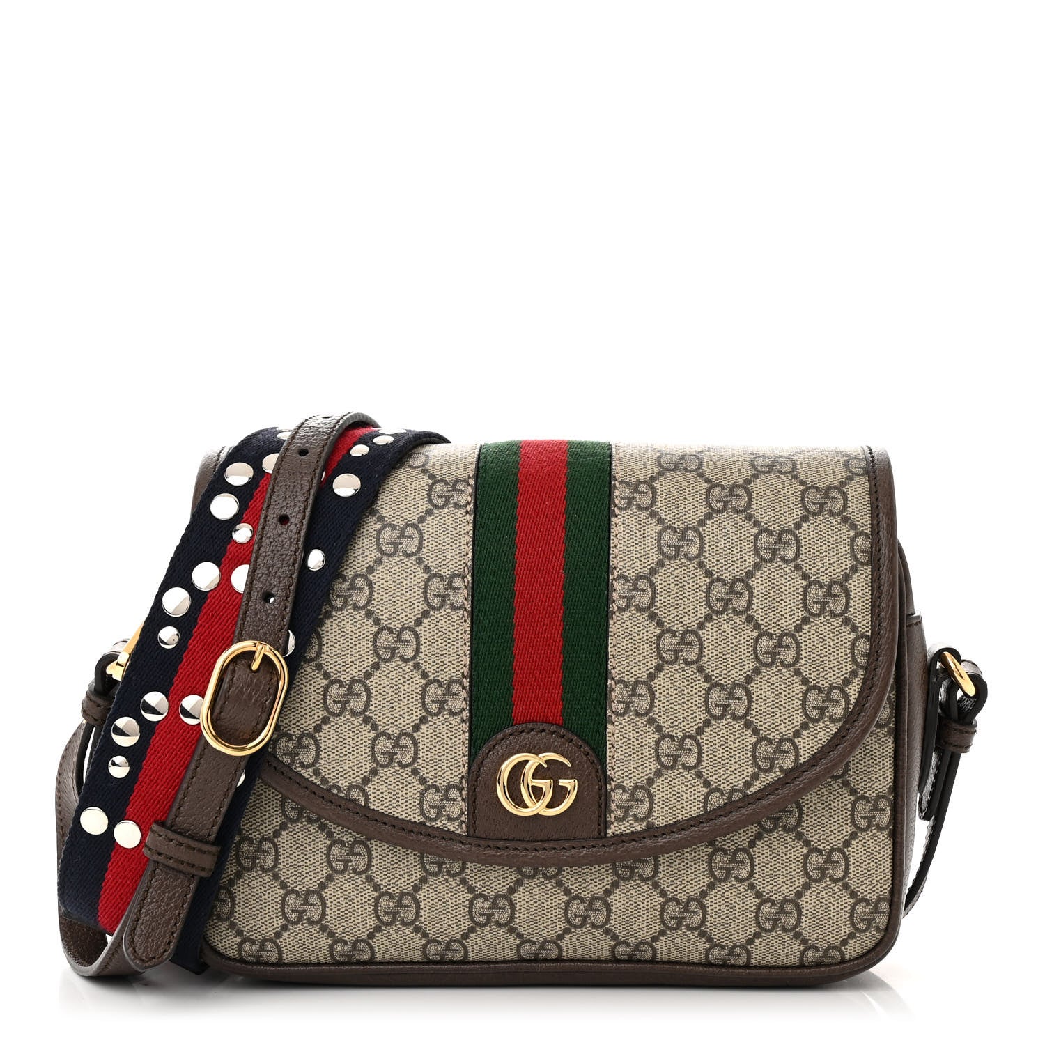 Gucci GG Supreme Monogram Textured Dollar Calfskin Web Studded Mini Ophidia Flap Shoulder Bag Beige Ebony New Acero 1 of 10