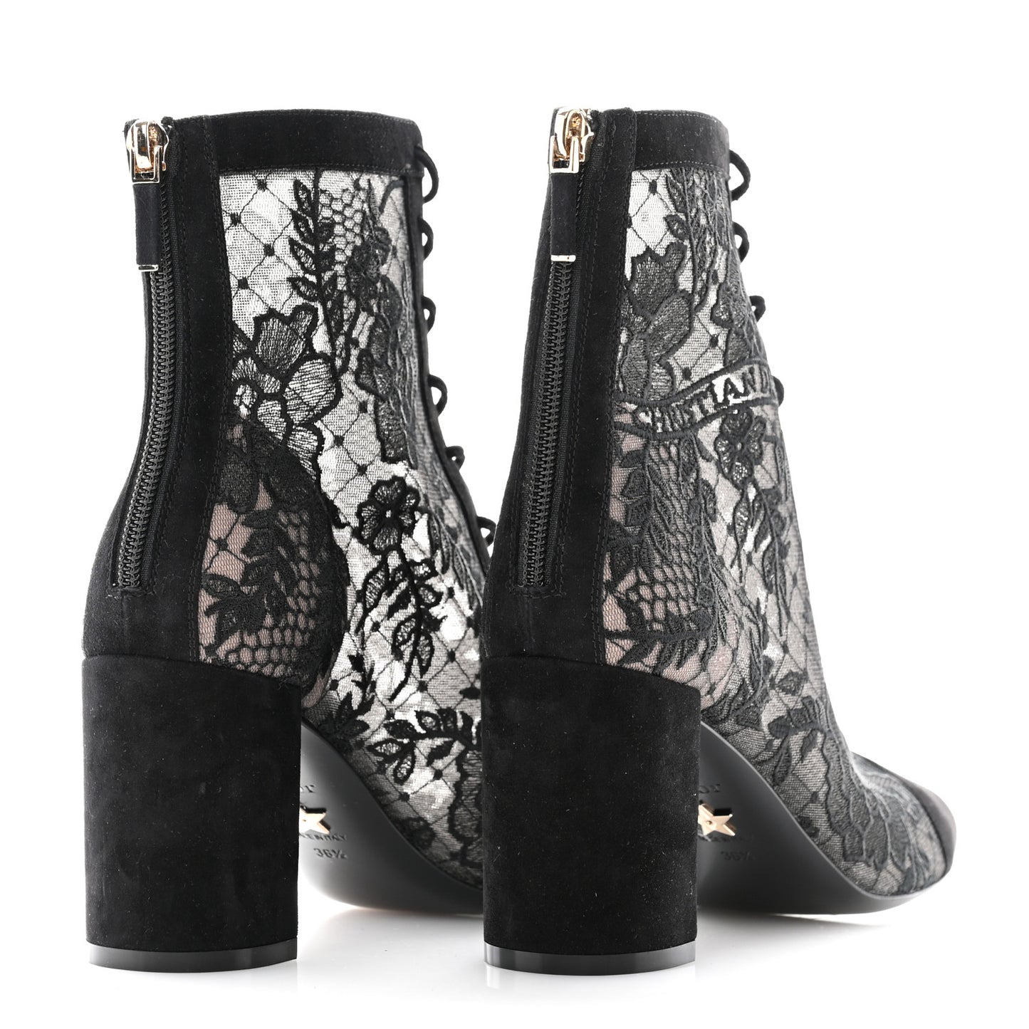 Suede Transparent Mesh Embroidered Roses Naughtily-D Heeled Lace Up Ankle Boots 36.5 Black