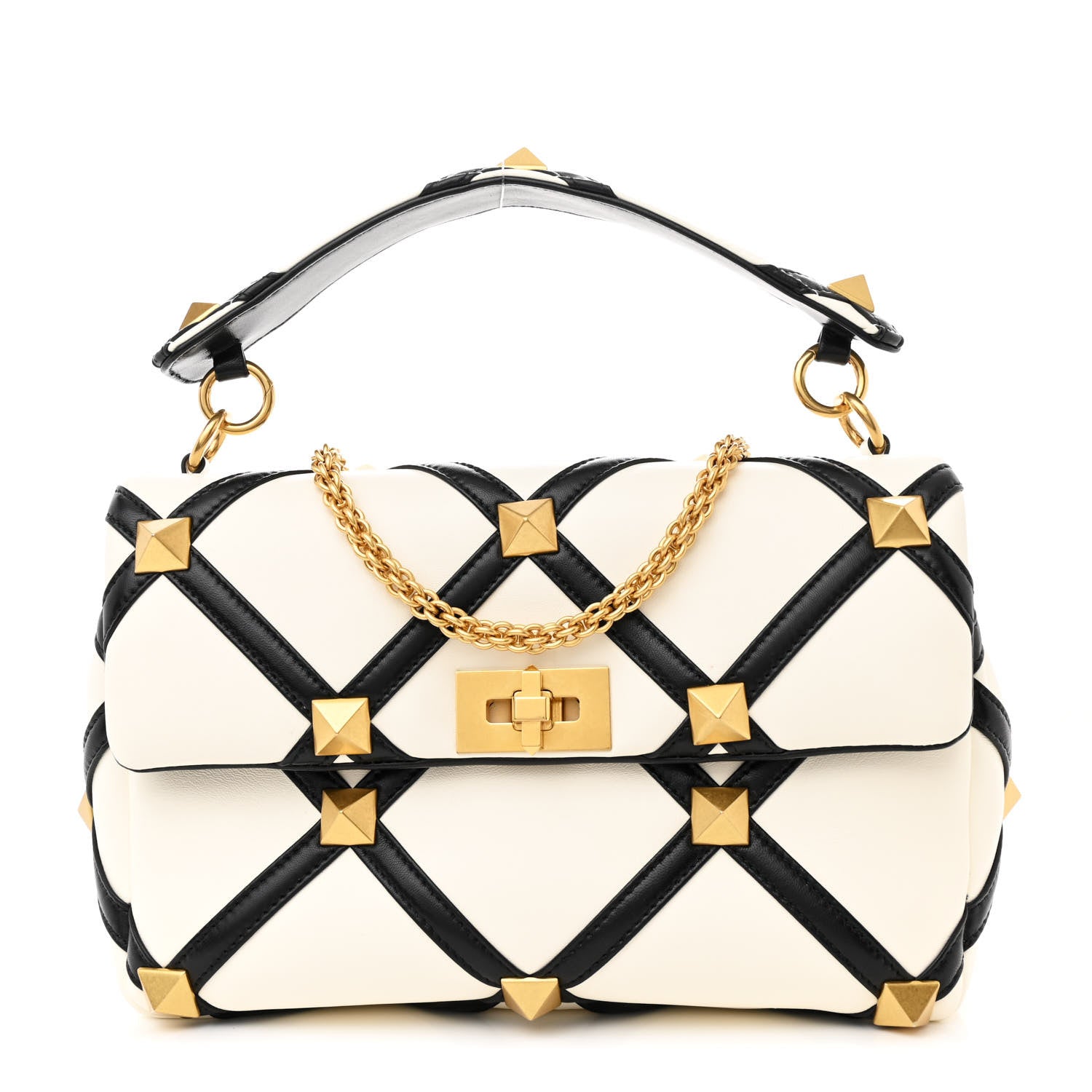 Valentino Garavani Nappa Large Roman Stud Shoulder Bag Ivory Black 1 of 11