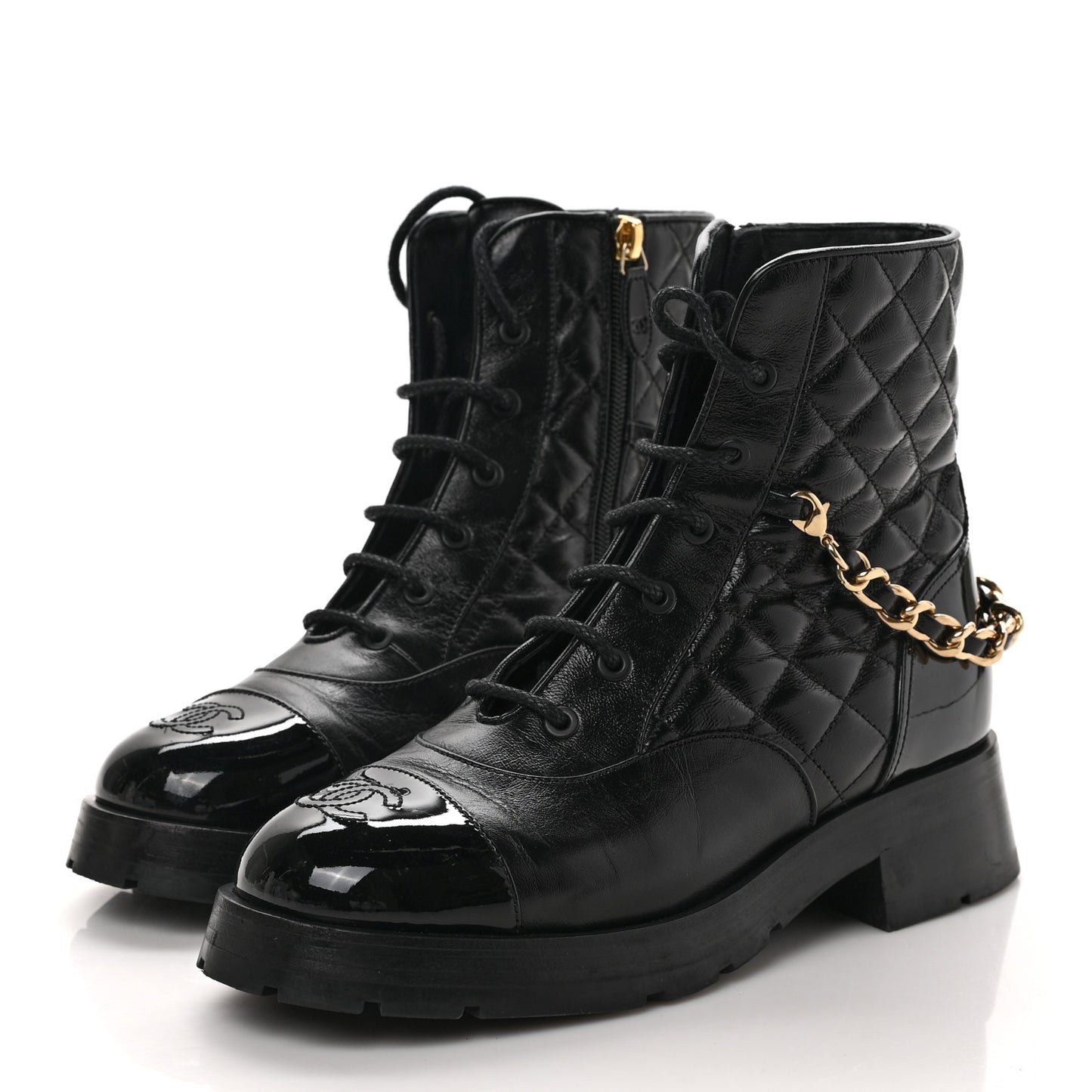 Shiny Calfskin Patent Quilted Chain Lace Up Combat Boots 39 Black