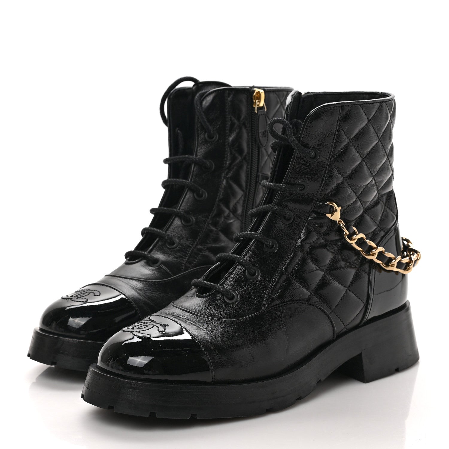 Chanel Shiny Calfskin Patent Quilted Chain Lace Up Combat Boots 39 Black 3 of 8