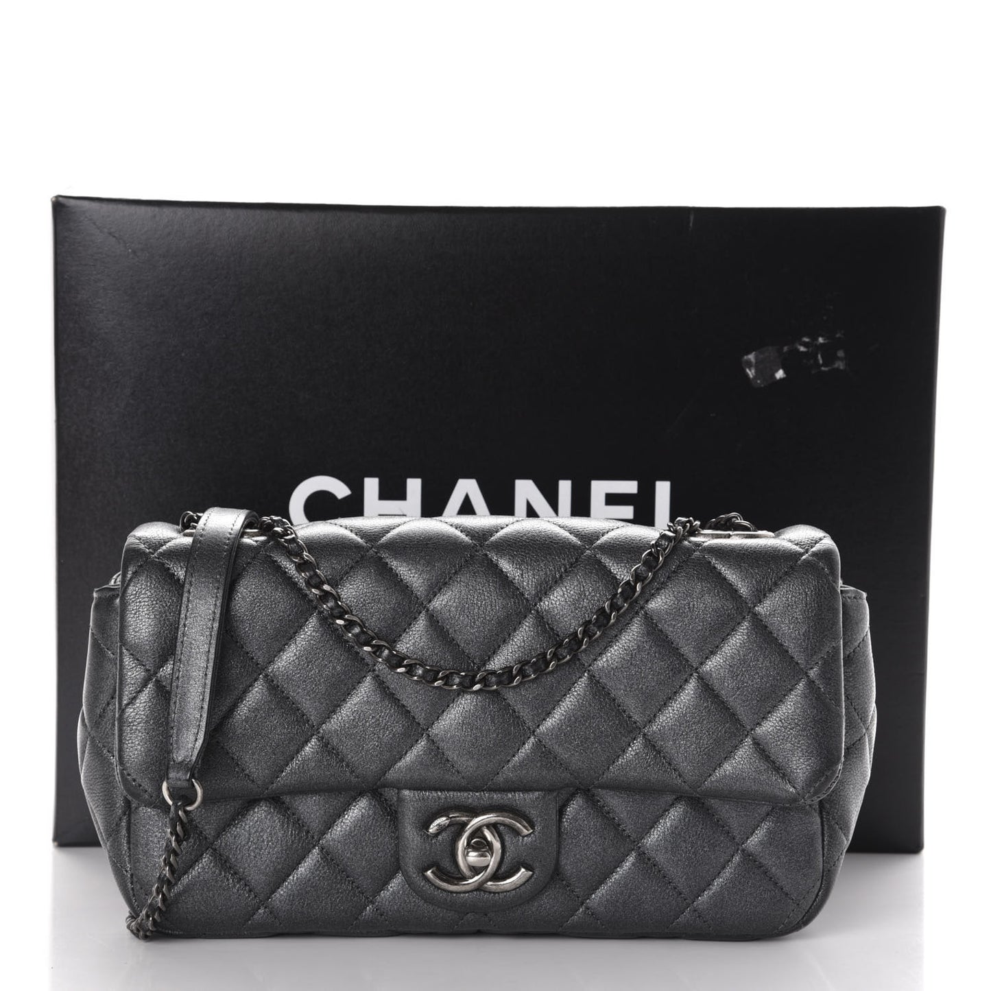 Metallic Calfskin Quilted Medium CC Eyelet Flap Dark Silver