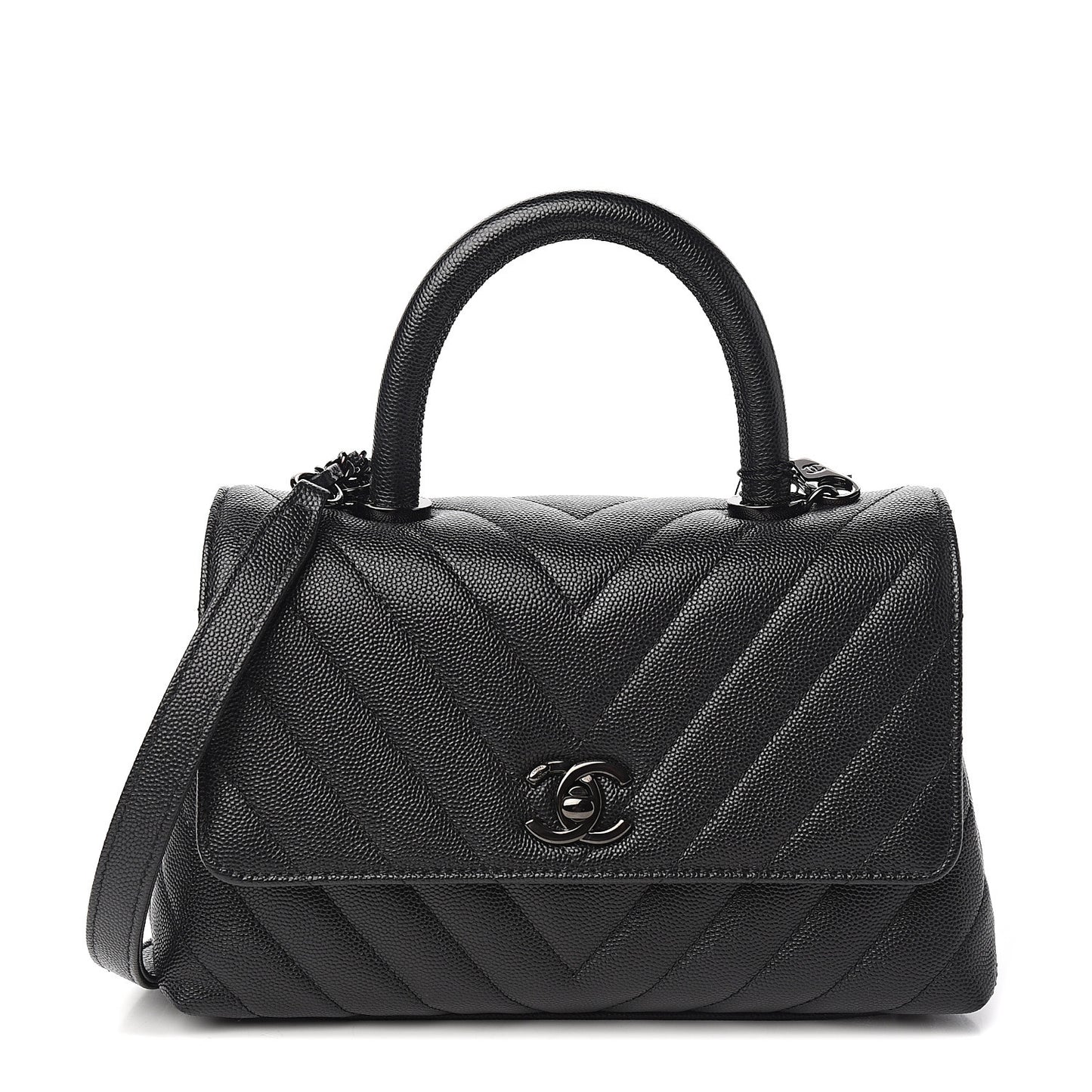 Caviar Chevron Quilted Mini Coco Handle Flap So Black