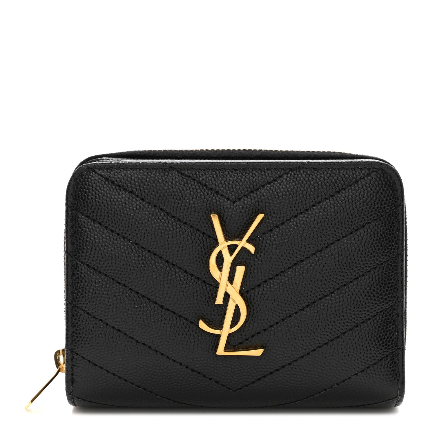 Saint Laurent Grain De Poudre Matelasse Chevron Monogram Compact Zip Around Wallet Black 1 of 9