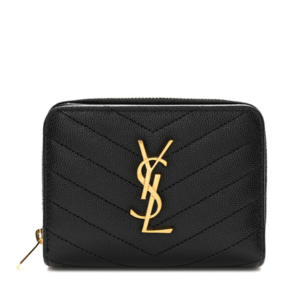 Saint Laurent Grain De Poudre Matelasse Chevron Monogram Compact Zip Around Wallet Black 1 of 9