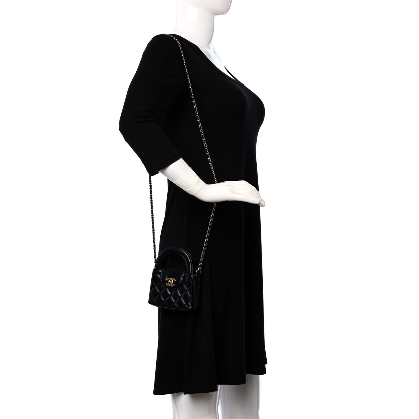 Shiny Aged Calfskin Quilted Mini Nano Kelly Shopper Black