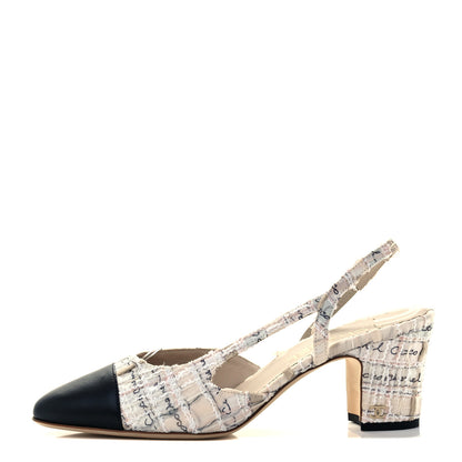 Chanel Tweed Lambskin Cap Toe CC Logo Slingback Pumps 39.5 Ivory Black 1 of 9