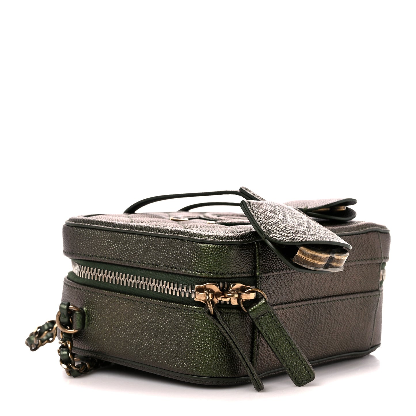 Iridescent Caviar Quilted Small CC Filigree Vanity Case Green