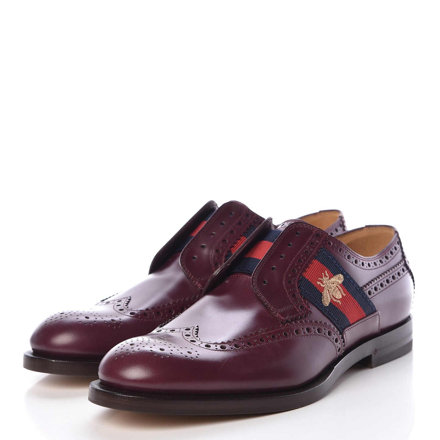 Calfskin Web Bee Embroidered Mens Slip-On Brogue Wingtip Derby Shoes 7.5 Bordeaux