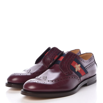 Gucci Calfskin Web Bee Embroidered Mens Slip-On Brogue Wingtip Derby Shoes 7.5 Bordeaux 3 of 11