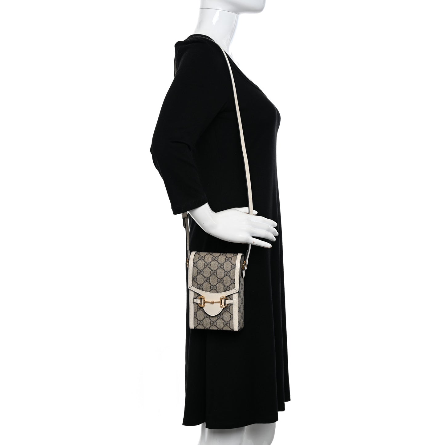 GG Supreme Monogram Azalea Calfskin Mini Horsebit 1955 Crossbody Bag Beige Ebony Mystic White