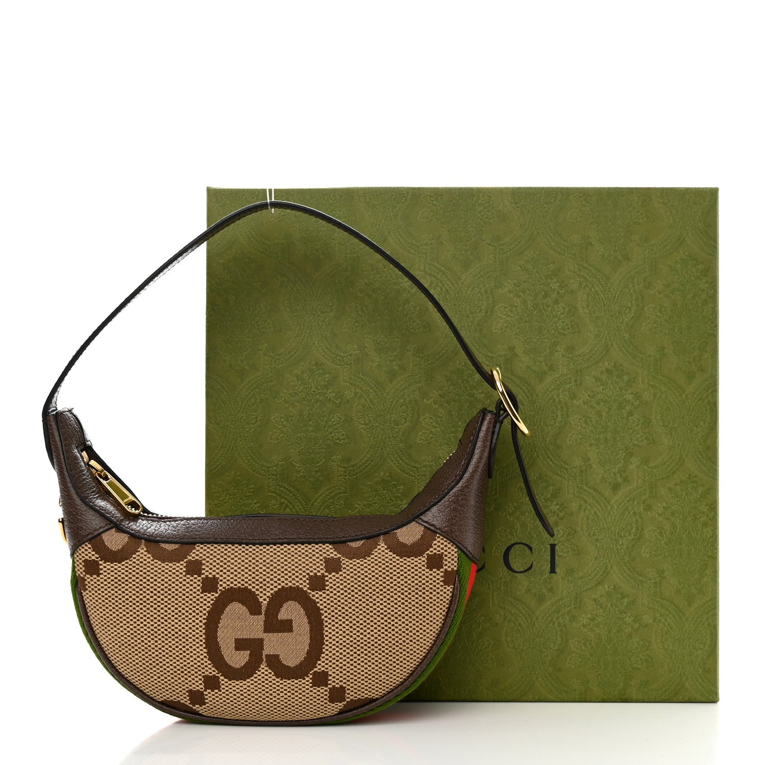Gucci Monogram Jumbo GG Textured Dollar Calfskin Web Mini Ophidia Half Moon Hobo Camel Ebony New Acero 10 of 10