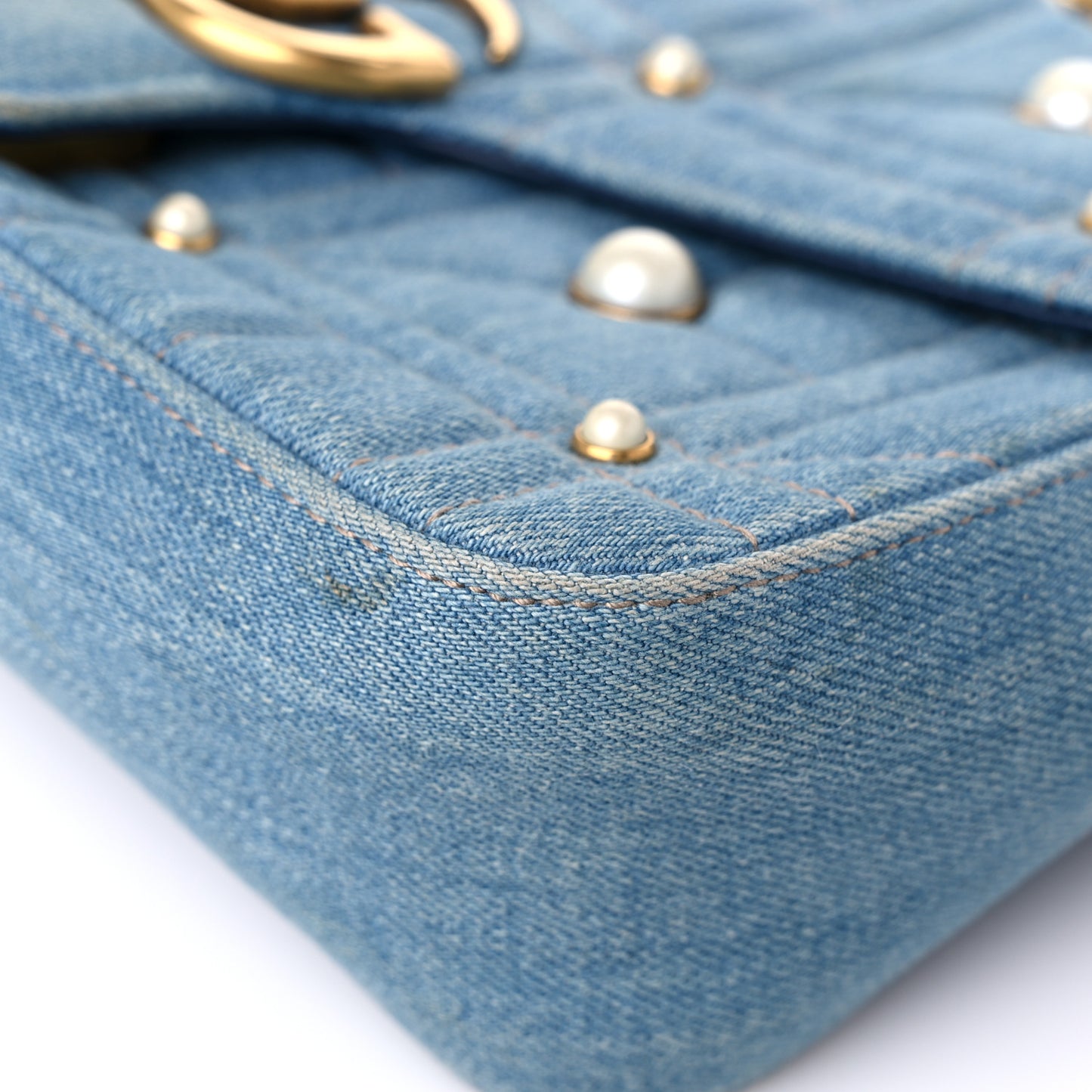 Denim Matelasse Pearl Studded Small GG Marmont Shoulder Bag Blue