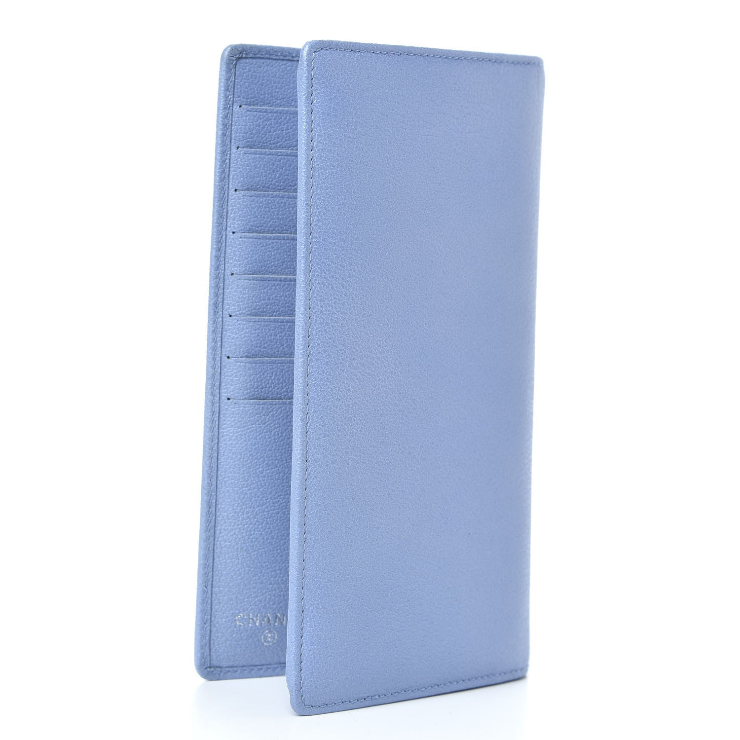 Chanel Goatskin Camellia Embossed Yen Wallet Blue 3 of 13