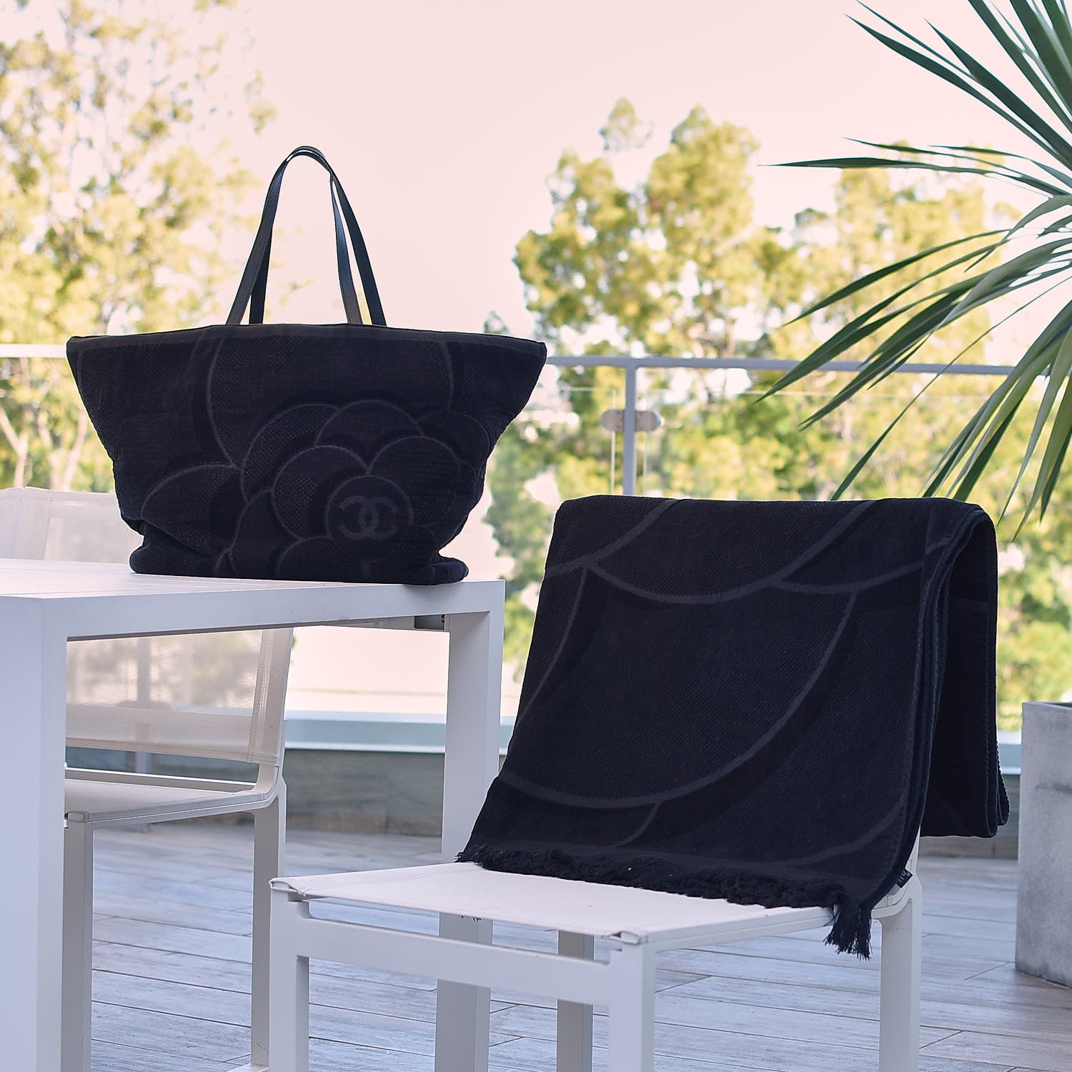 Chanel Terry Cotton CC Beach Tote Towel Set Black 3 of 27