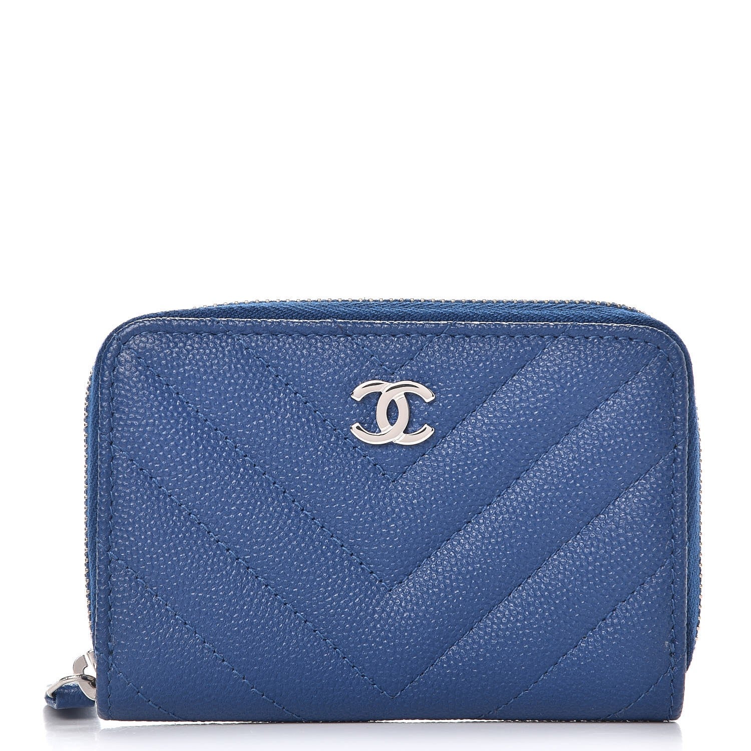 Chanel Caviar Chevron Quilted Zip Coin Purse Blue 1 of 8