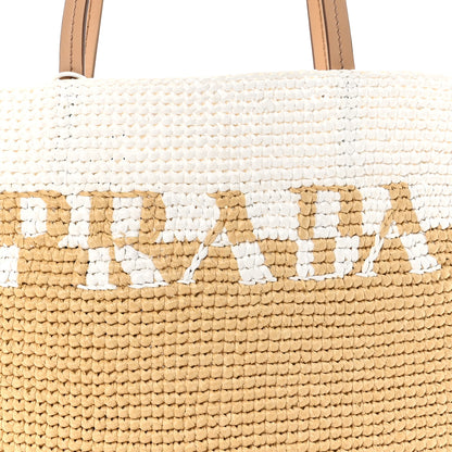 Prada Yarn Raffia Effect Crochet Vitello Logo Shopping Tote Naturale White 7 of 9