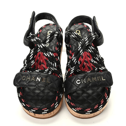 Chanel Cord Lambskin Quilted Logo Sandals 39 Black White 5 of 11