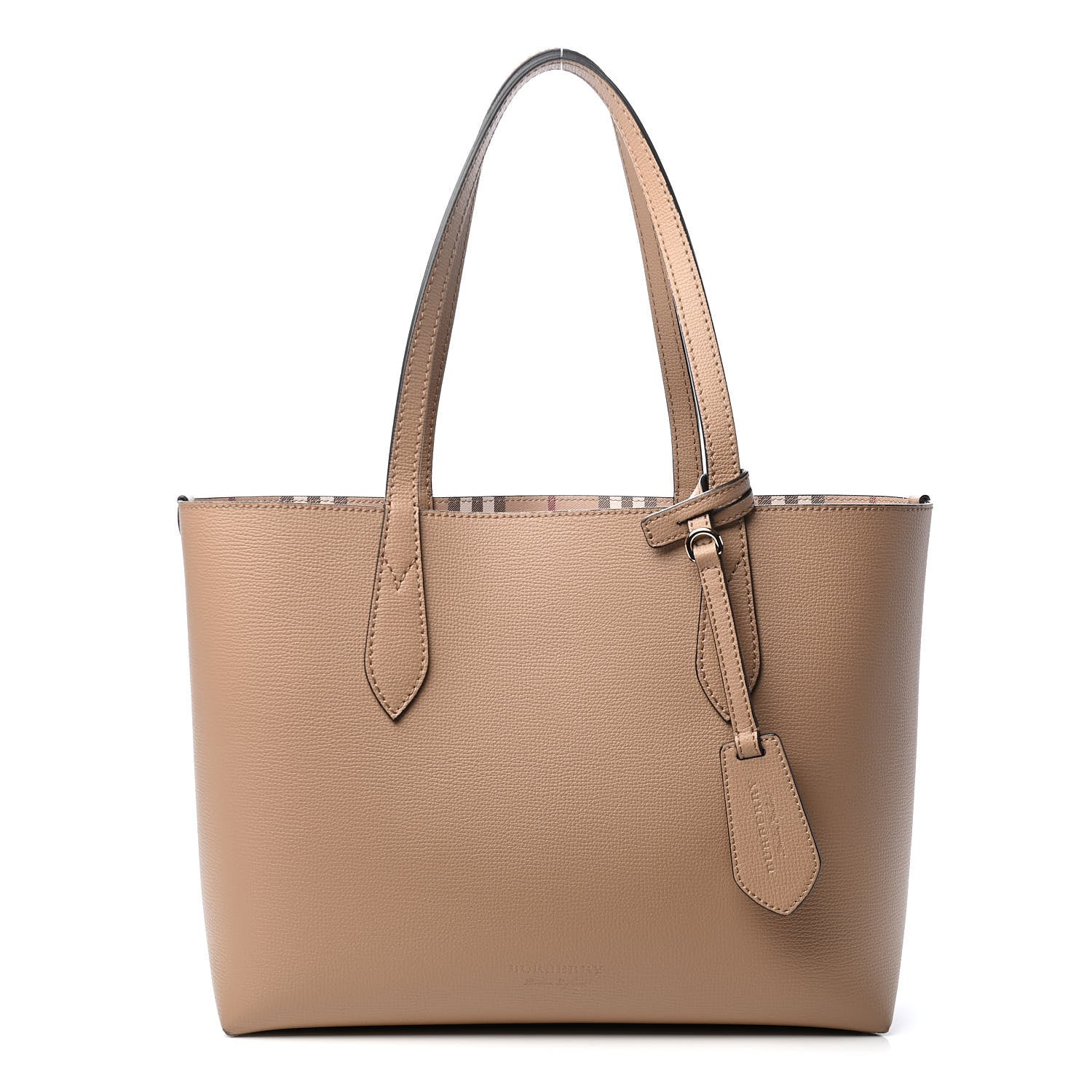Burberry Grainy Calfskin Haymarket Check Small Reversible Tote Mid Camel 1 of 8