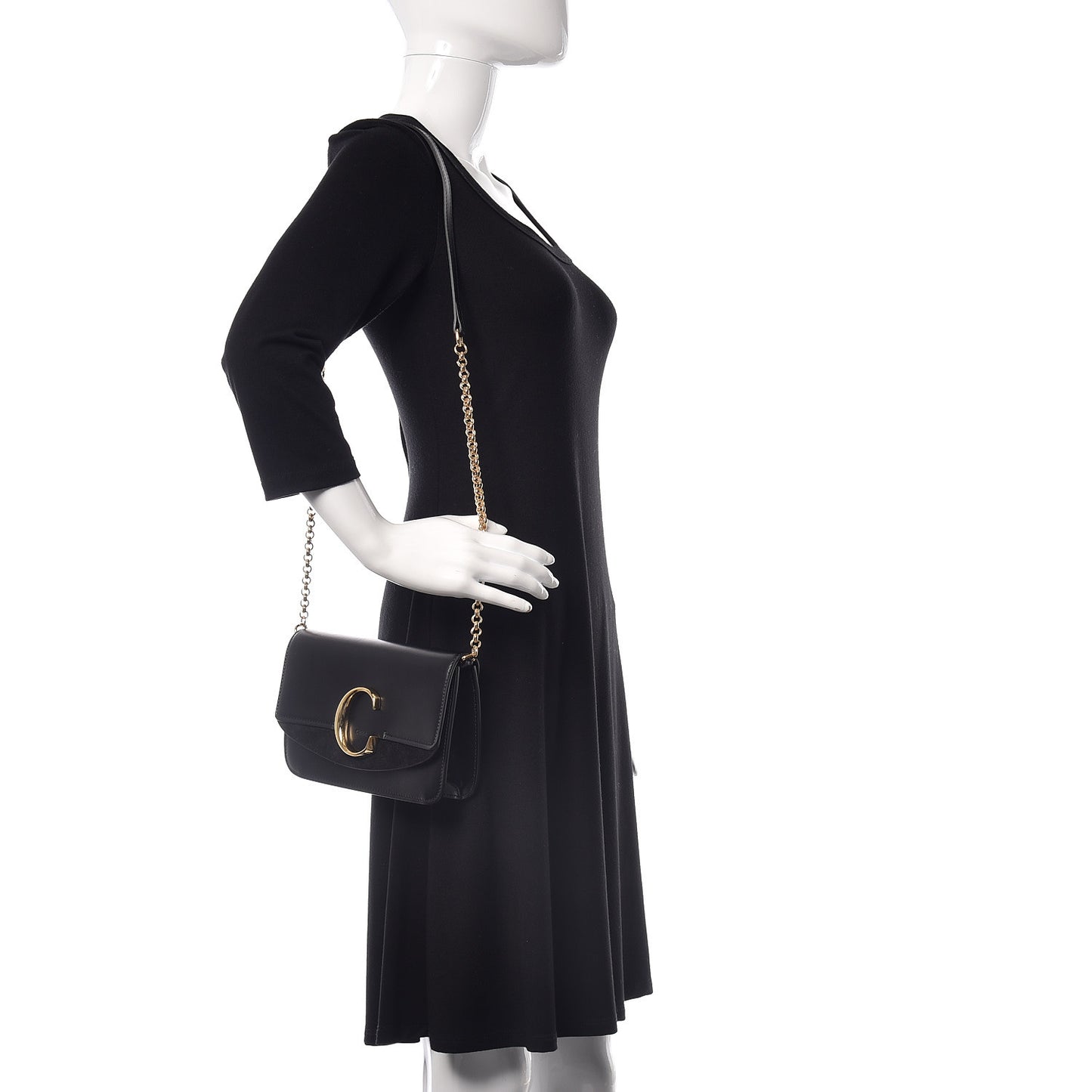 Calfskin Suede C Clutch With Chain Black