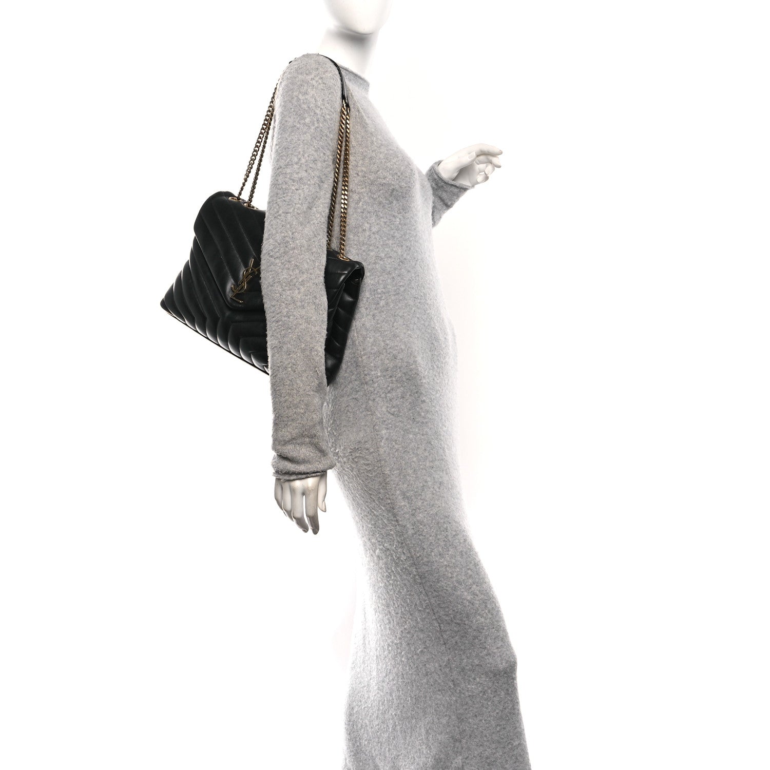 Saint Laurent Grain de Poudre Calfskin Y Quilted Monogram Medium Loulou Chain Satchel Black 2 of 11
