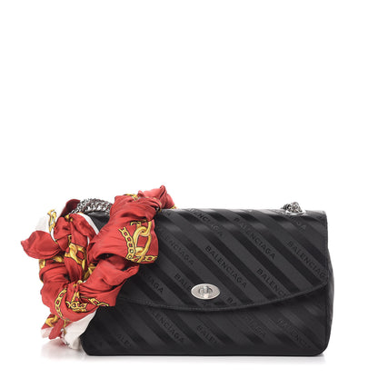 Balenciaga Nylon Jacquard Diagonal Logo Medium Scarf Lock Chain Shoulder Bag Black Red 1 of 11