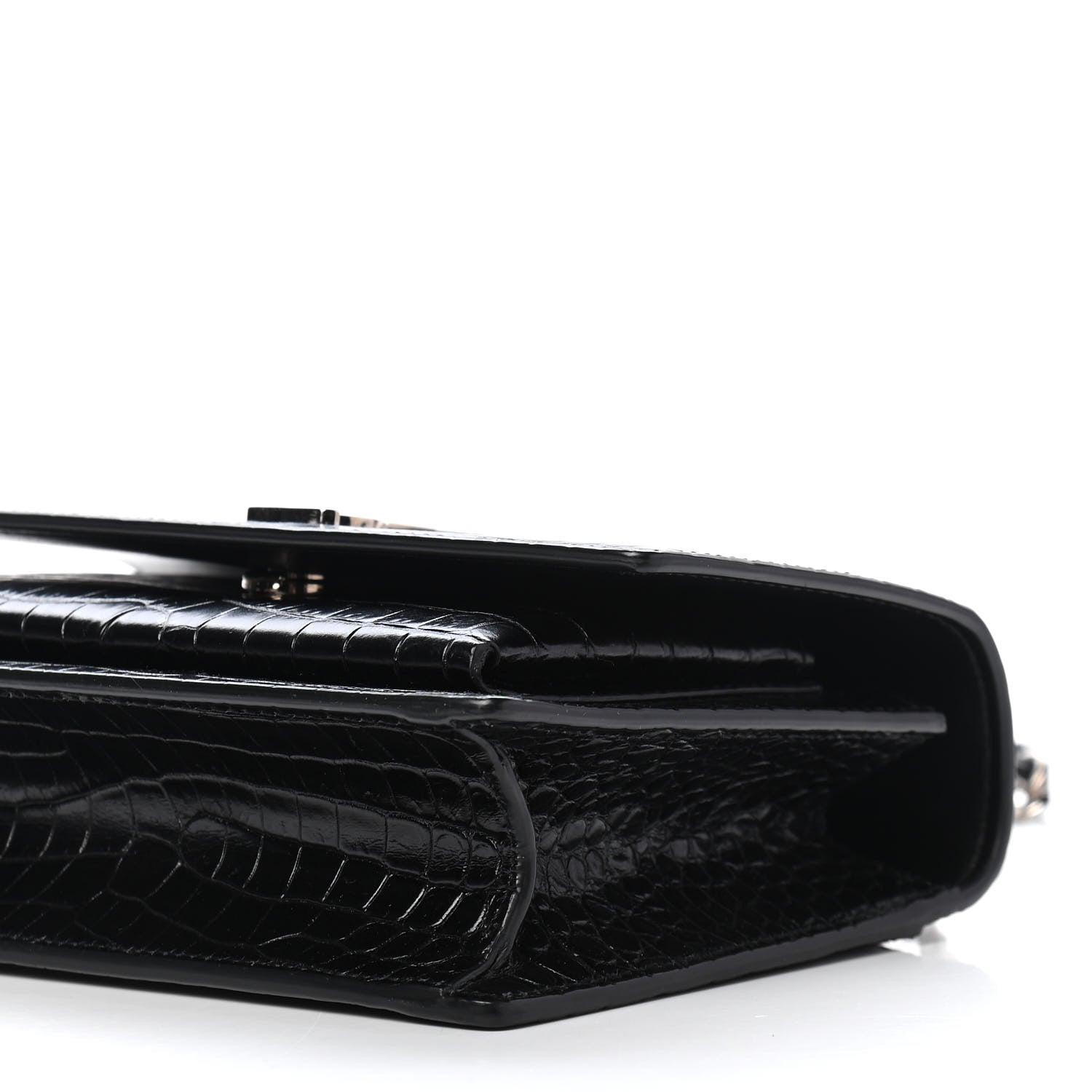 Saint Laurent Calfskin Crocodile Embossed Monogram Sunset Chain Wallet Black 6 of 10