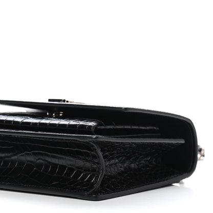 Saint Laurent Calfskin Crocodile Embossed Monogram Sunset Chain Wallet Black 6 of 10